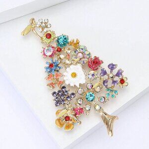 LARGE Crystal Studded Enamel and Goldtone CHRISTMAS TREE Brooch COLORFUL A15S2